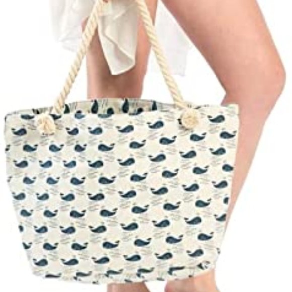 Navy Whale Canvas Tote Beach Bag - Picture 2 of 7